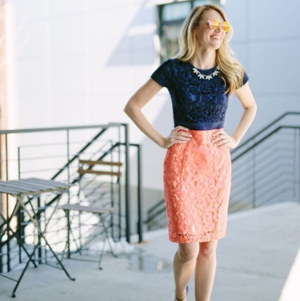 DownEast Orange and Blue Midi Dress Short Sleeve Crew Neck